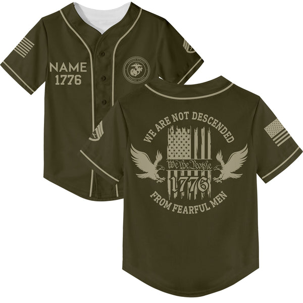 Custom Olive 1776 We Are Not Descended From Fearful Men Military Rank Veteran Name Baseball Jersey