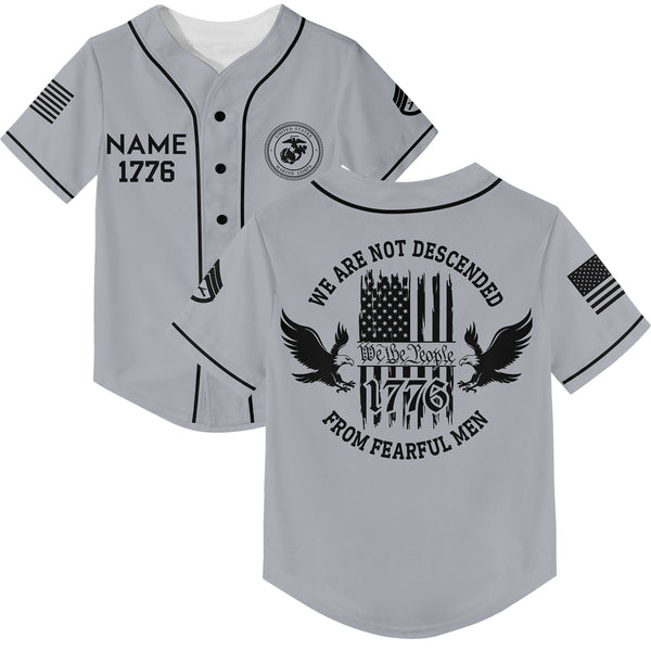 Custom Grey 1776 We Are Not Descended From Fearful Men Military Rank Veteran Name Baseball Jersey