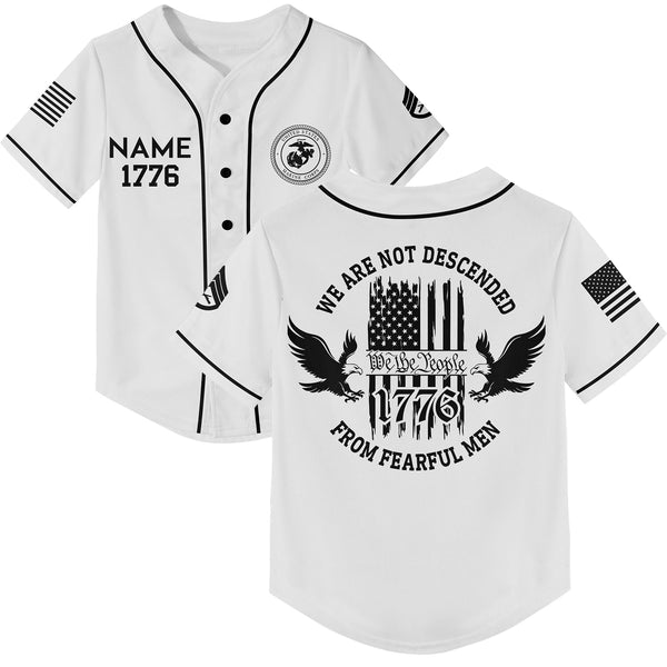 Custom White 1776 We Are Not Descended From Fearful Men Military Rank Veteran Name Baseball Jersey
