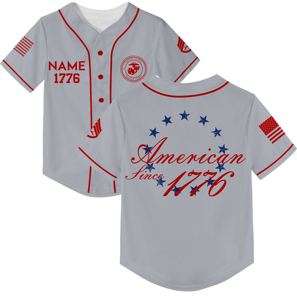 Custom Grey America Since 1776 Flag Military Rank Veteran Name Baseball Jersey
