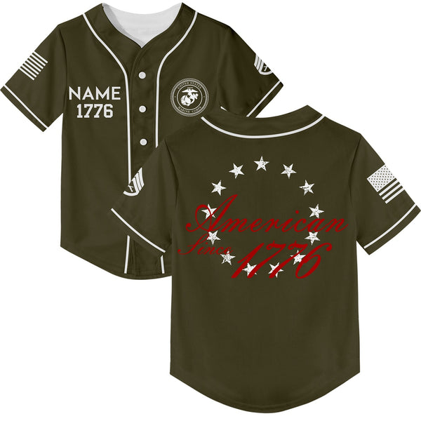 Custom Olive America Since 1776 Flag Military Rank Veteran Name Baseball Jersey