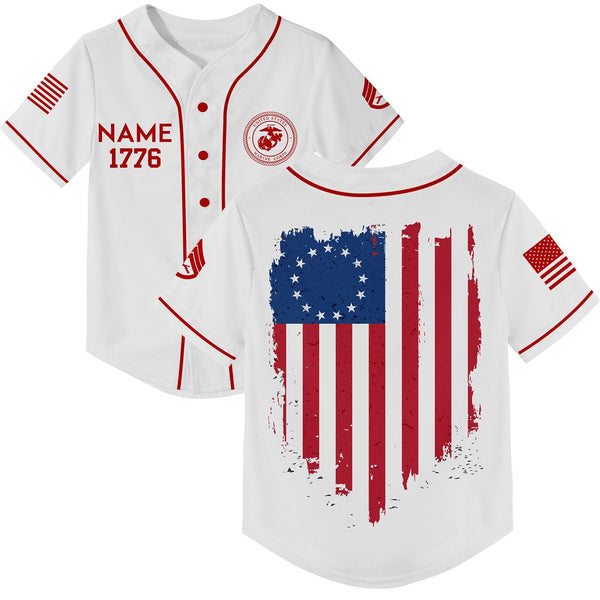 Custom White America Flag Military Rank Veteran Name Baseball Jersey