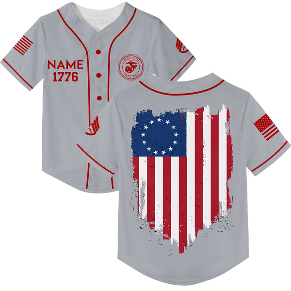Custom Grey America Flag Military Rank Veteran Name Baseball Jersey