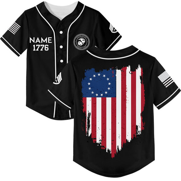 Custom Black America Flag Military Rank Veteran Name Baseball Jersey