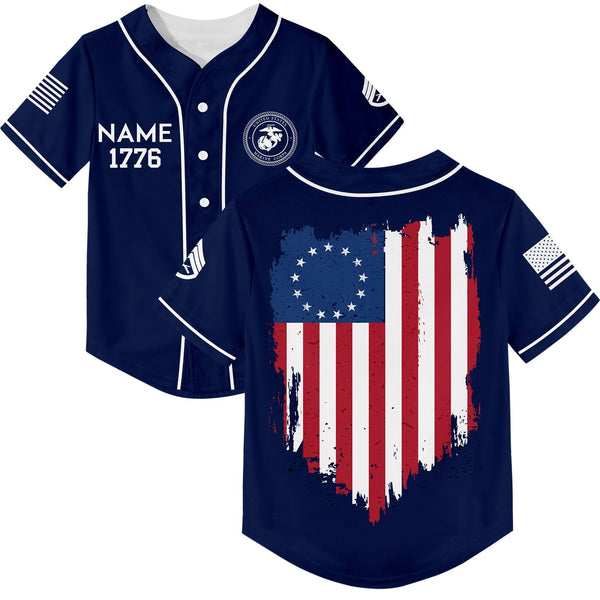 Custom Navy America Flag Military Rank Veteran Name Baseball Jersey