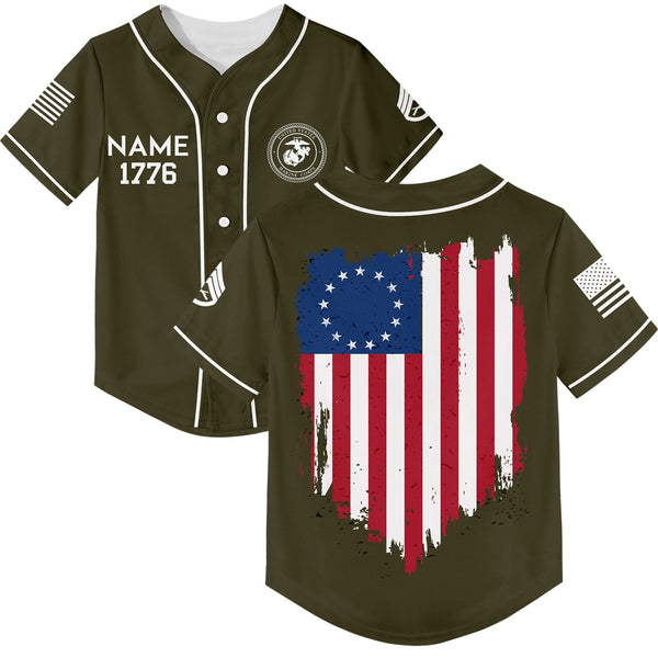 Custom Olive America Flag Military Rank Veteran Name Baseball Jersey