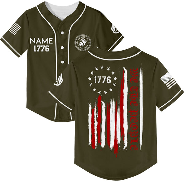 Custom Olive 1776 We The People Freedom American Flag Military Rank Veteran Name Baseball Jersey