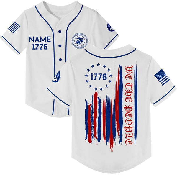 Custom White 1776 We The People Freedom American Flag Military Rank Veteran Name Baseball Jersey