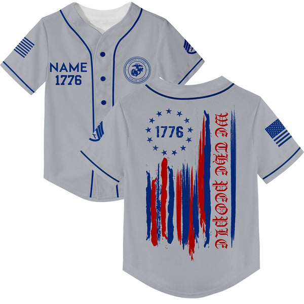 Custom Grey 1776 We The People Freedom American Flag Military Rank Veteran Name Baseball Jersey