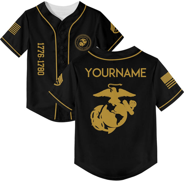 Custom Black U.S Marine Corps Military Rank Veteran Name Baseball Jersey