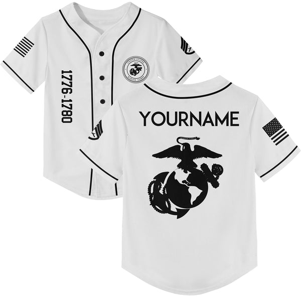 Custom White U.S Marine Corps Military Rank Veteran Name Baseball Jersey