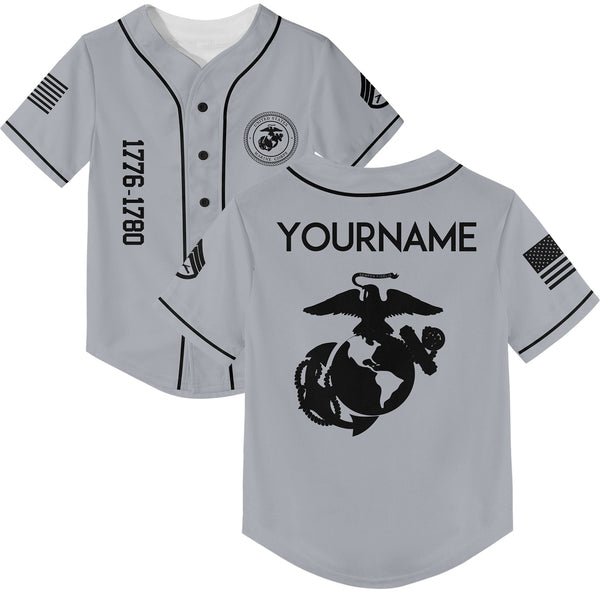 Custom Grey U.S Marine Corps Military Rank Veteran Name Baseball Jersey