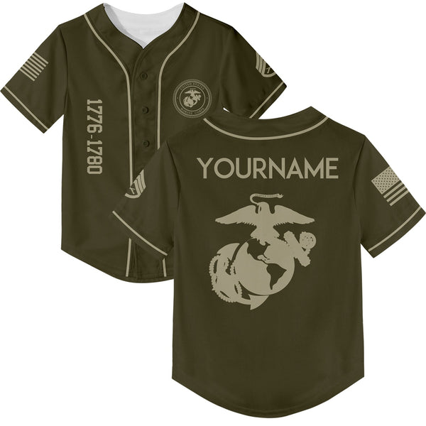 Custom Olive U.S Marine Corps Military Rank Veteran Name Baseball Jersey