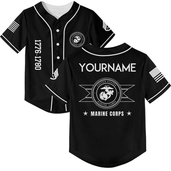 Custom Black U.S Marine Corps Military Rank Veteran Name Baseball Jersey