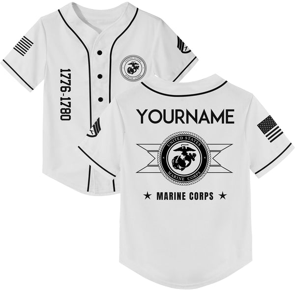 Custom White U.S Marine Corps Military Rank Veteran Name Baseball Jersey