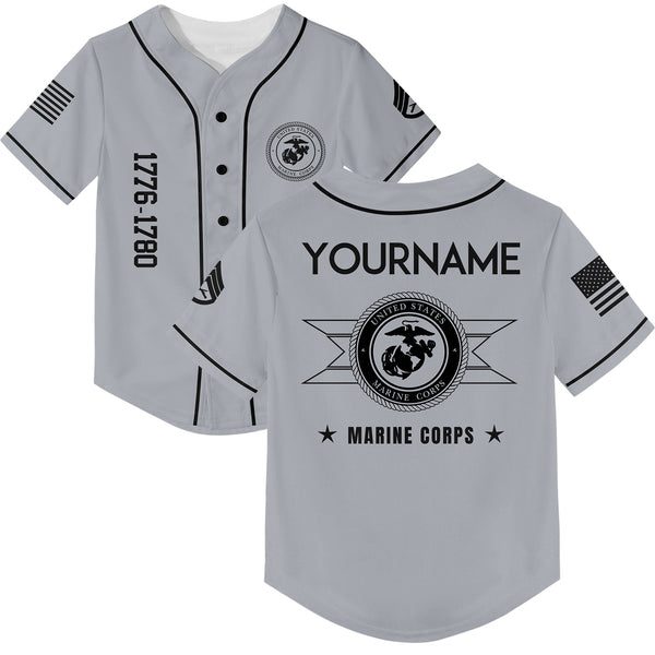Custom Grey U.S Marine Corps Military Rank Veteran Name Baseball Jersey