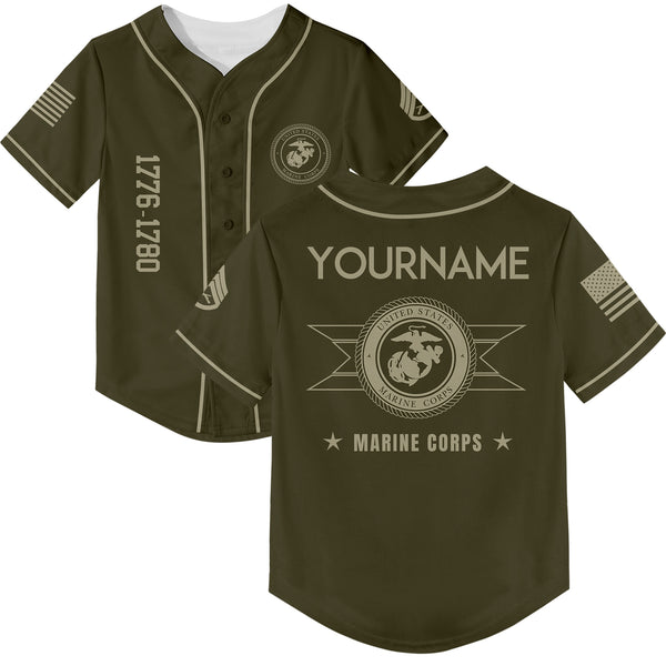 Custom Olive U.S Marine Corps Military Rank Veteran Name Baseball Jersey