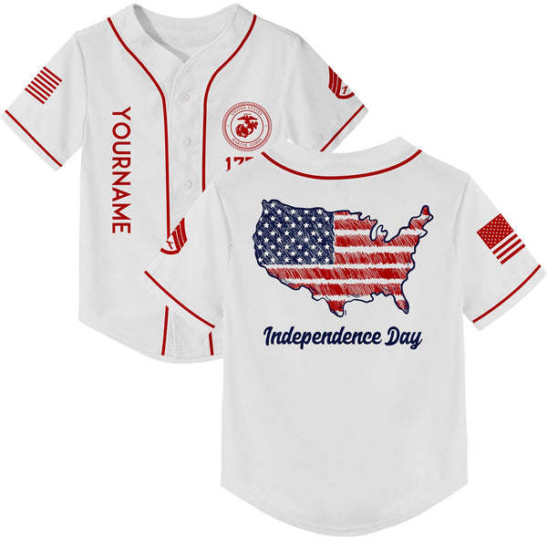 Custom White USA Map Military Rank Name Independence Day Baseball Jersey