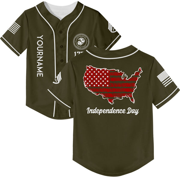 Custom Olive USA Map Military Rank Name Independence Day Baseball Jersey