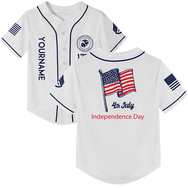 Custom White 4th July American Flag Military Rank Name Independence Day Baseball Jersey
