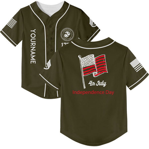 Custom Olive 4th July American Flag Military Rank Name Independence Day Baseball Jersey