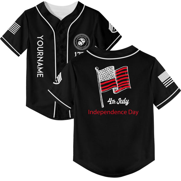 Custom Black 4th July American Flag Military Rank Name Independence Day Baseball Jersey