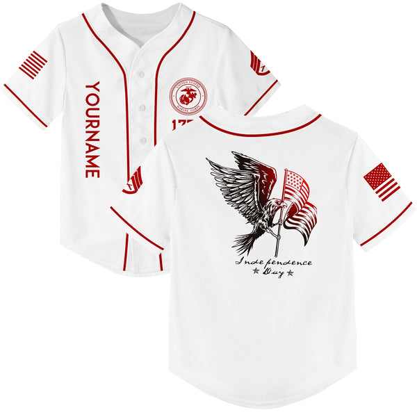 Custom White Eagle American Flag Military Rank Name Independence Day Baseball Jersey