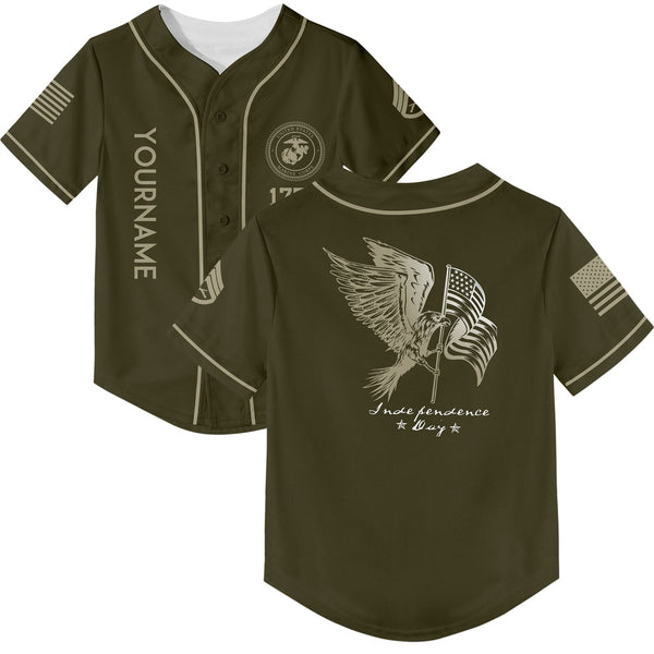 Custom Olive Eagle American Flag Military Rank Name Independence Day Baseball Jersey