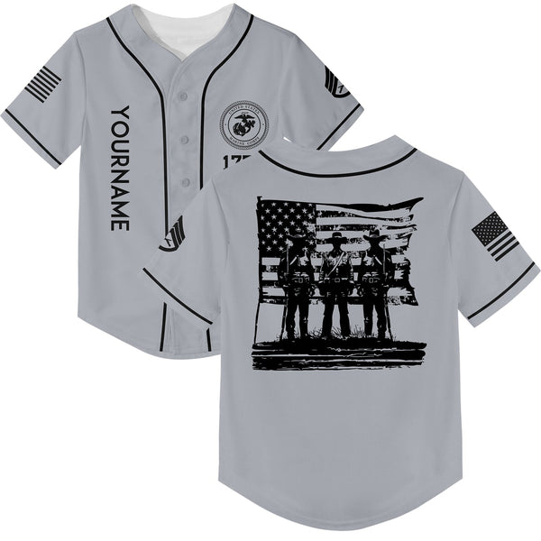 Custom Grey American History Flag Military Rank Name Independence Day Baseball Jersey