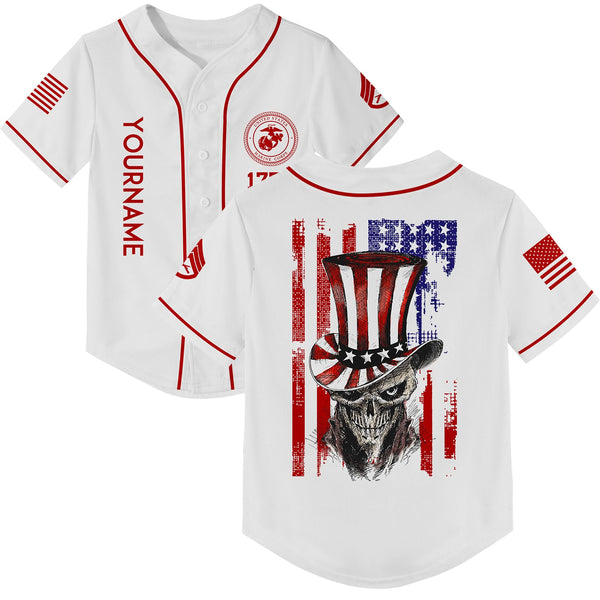 Custom White Magician Skull Military Rank Name Independence Day Baseball Jersey
