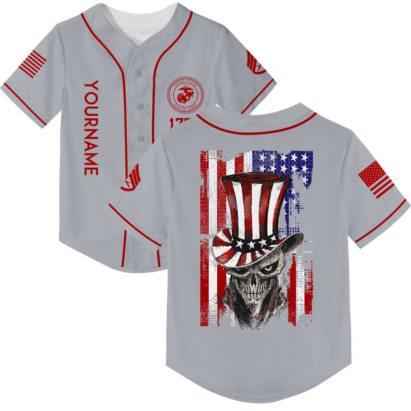 Custom Grey Magician Skull Military Rank Name Independence Day Baseball Jersey