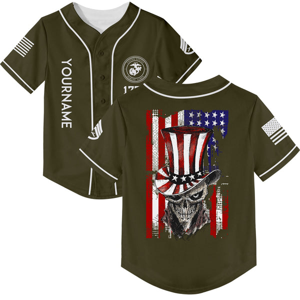 Custom Olive Magician Skull Military Rank Name Independence Day Baseball Jersey