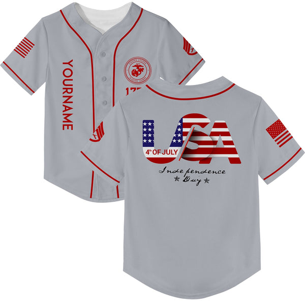 Custom Grey USA Military Rank Name Independence Day Baseball Jersey