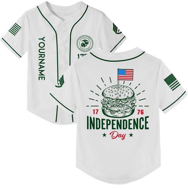 Custom White Hamburger American Flag Military Rank Name Independence Day Baseball Jersey