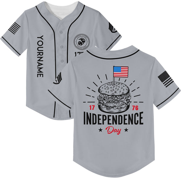 Custom Grey Hamburger American Flag Military Rank Name Independence Day Baseball Jersey