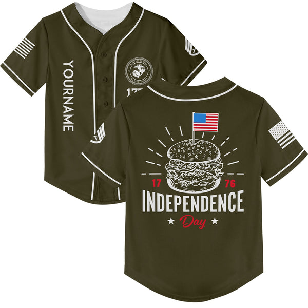 Custom Olive Hamburger American Flag Military Rank Name Independence Day Baseball Jersey