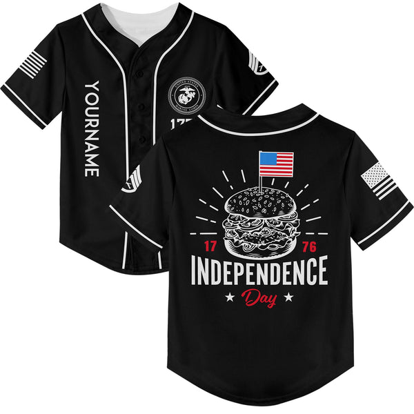 Custom Black Hamburger American Flag Military Rank Name Independence Day Baseball Jersey