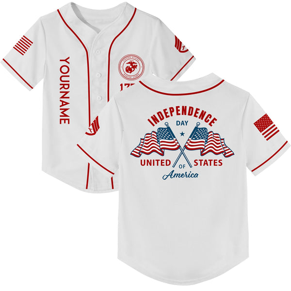 Custom White American Flag Military Rank Name Independence Day Baseball Jersey