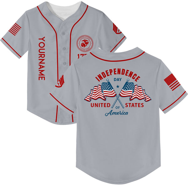 Custom Grey American Flag Military Rank Name Independence Day Baseball Jersey