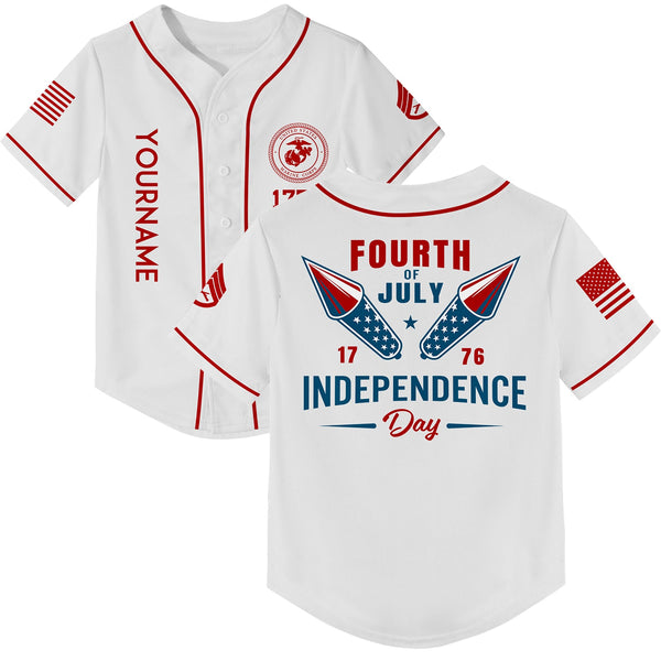 Custom White Fourth Of July Military Rank Name Independence Day Baseball Jersey