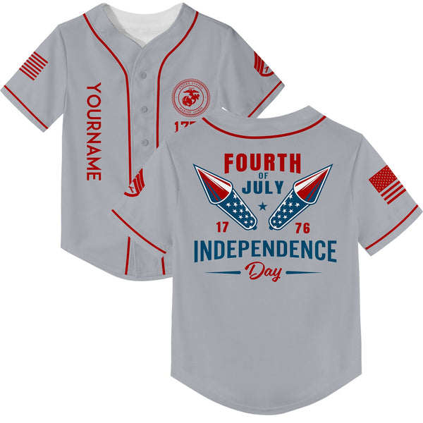 Custom Grey Fourth Of July Military Rank Name Independence Day Baseball Jersey