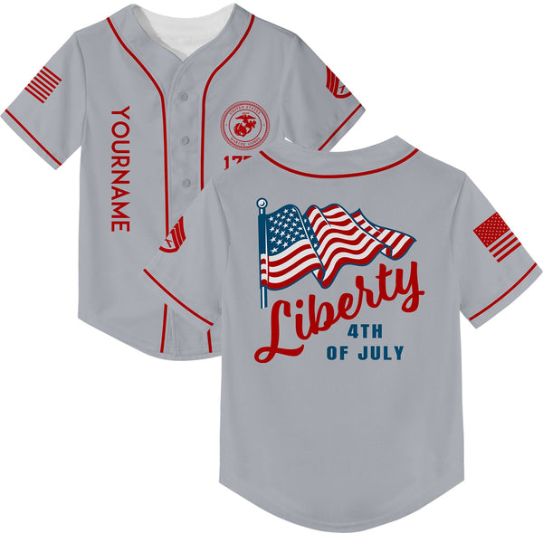 Custom Grey American Flag Military Rank Name Independence Day Baseball Jersey
