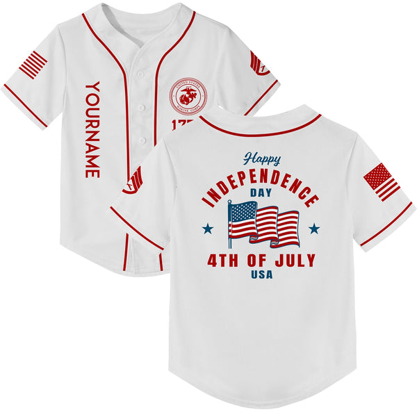 Custom White 4th Of July American Flag Military Rank Name Independence Day Baseball Jersey