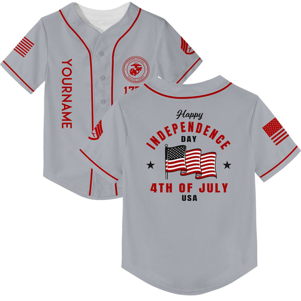 Custom Grey 4th Of July American Flag Military Rank Name Independence Day Baseball Jersey