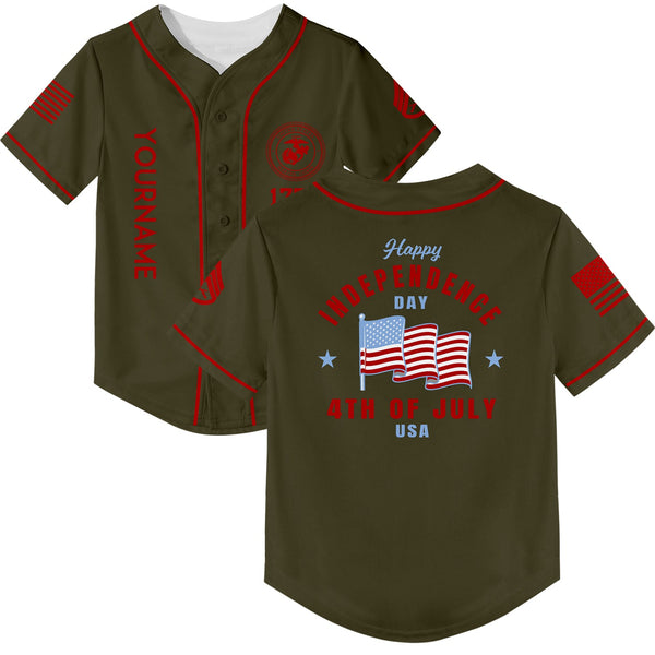 Custom Olive 4th Of July American Flag Military Rank Name Independence Day Baseball Jersey