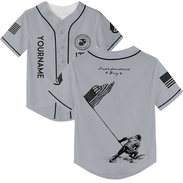 Custom Grey American Flag Military Rank Name Independence Day Baseball Jersey