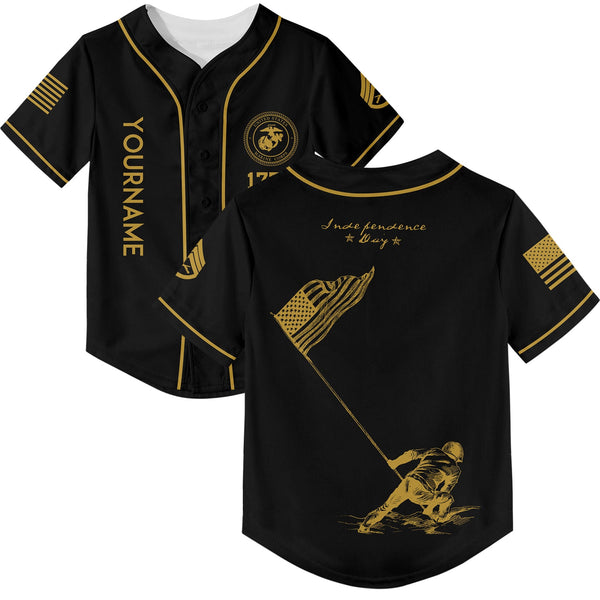Custom Black American Flag Military Rank Name Independence Day Baseball Jersey