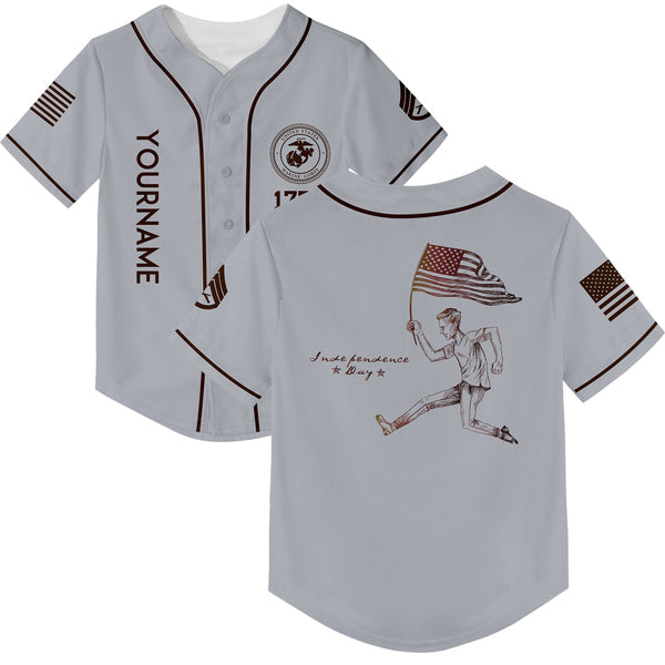 Custom Grey American Flag Military Rank Name Independence Day Baseball Jersey