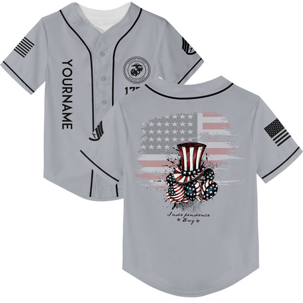 Custom Grey Magic Hat American Flag Military Rank Name Independence Day Baseball Jersey