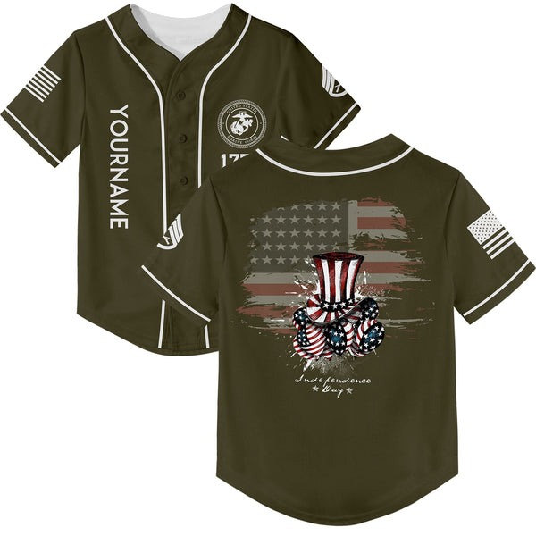 Custom Olive Magic Hat American Flag Military Rank Name Independence Day Baseball Jersey